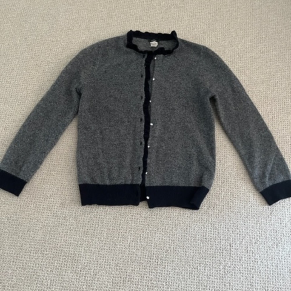 Heather Black Wool Cardigan/ Ruffle Neck/ Rhinestone Buttons; J Crew; Size Small